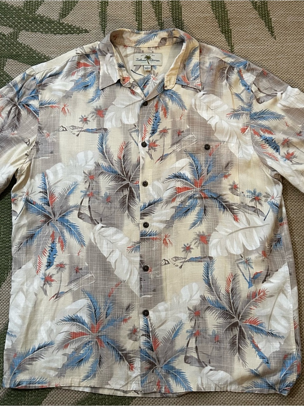 Island Shores Tropical Palm Print Short-Sleeve Button-Down Aloha Shirt size L